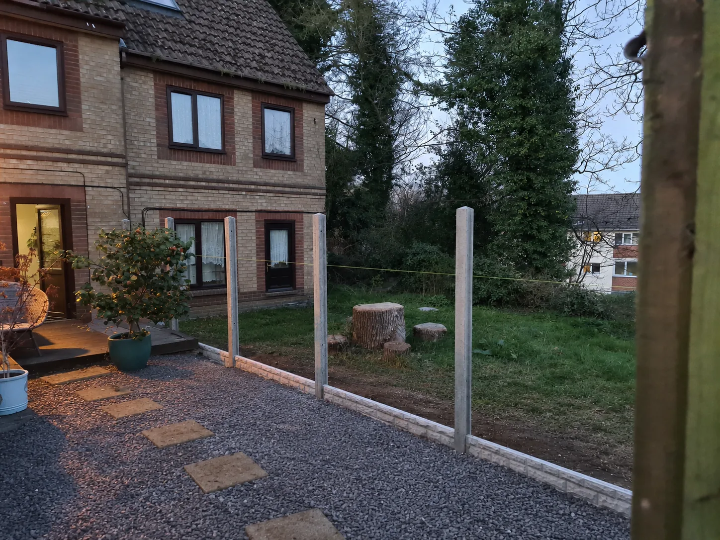 Fence posts installed with guide line in place